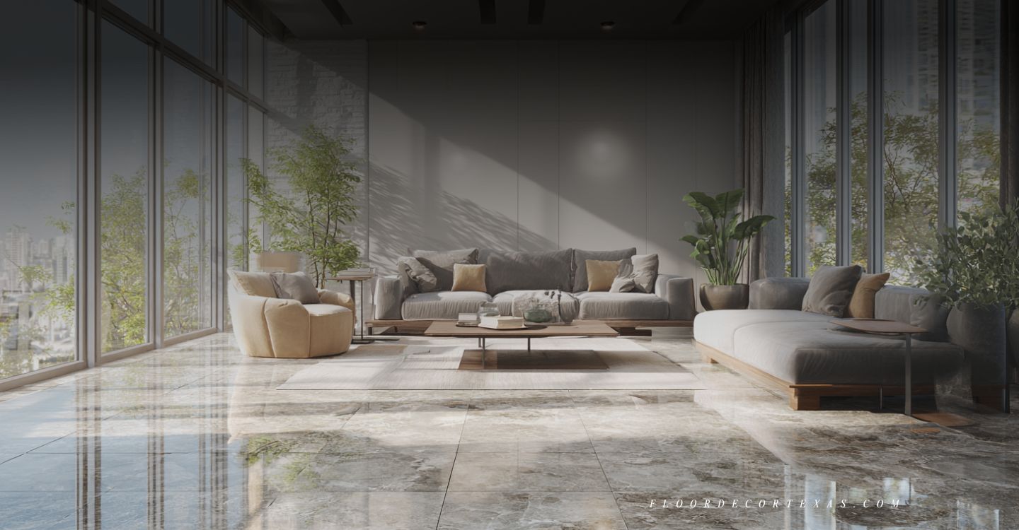 Bright modern living room with ceramic tile flooring and minimalist furniture