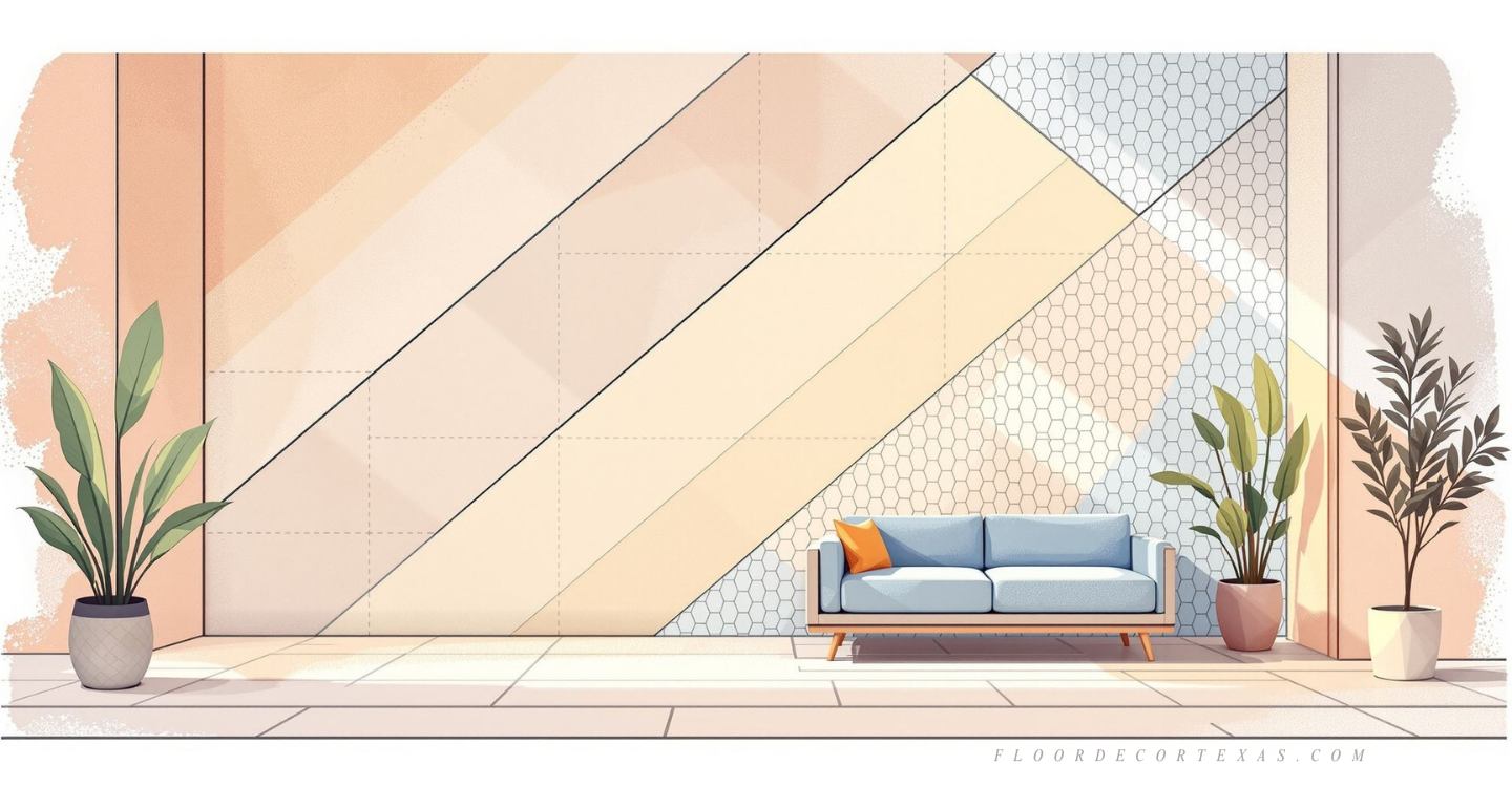 Illustrated guide showing diagonal tiles, mosaic feature walls, and glossy surfaces for small rooms