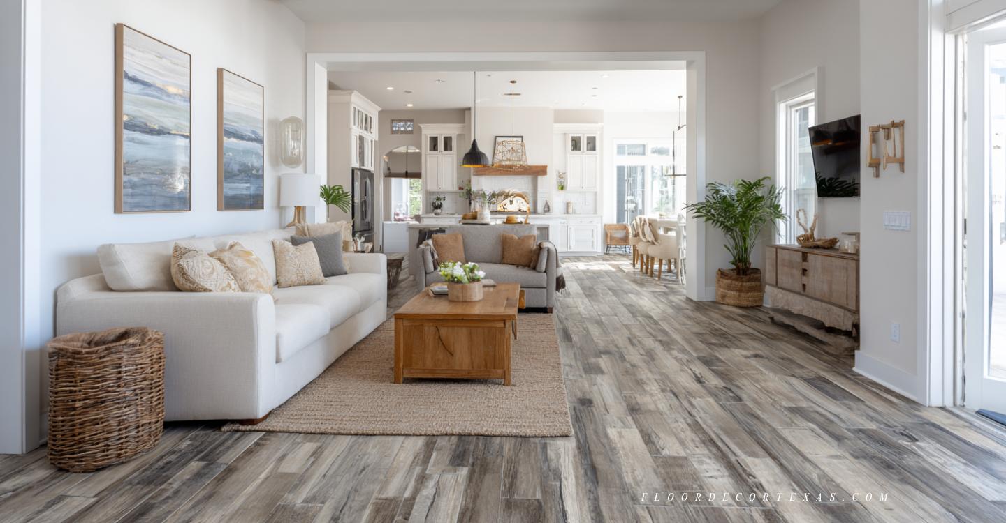 Greige 6x24 ceramic wood-look tile in cutaway of Texas living room interior