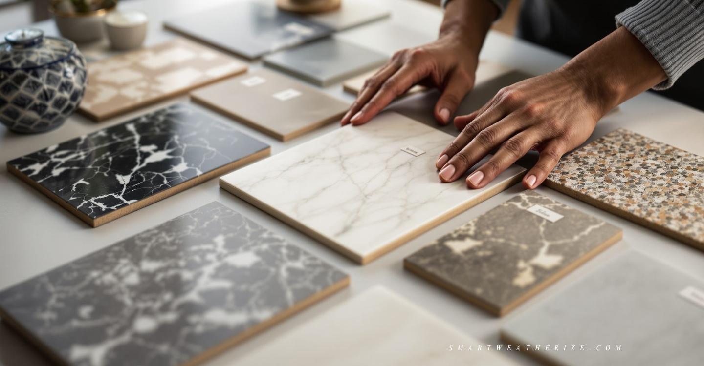 Assorted tile and stone floor samples including marble, porcelain, and granite on display table