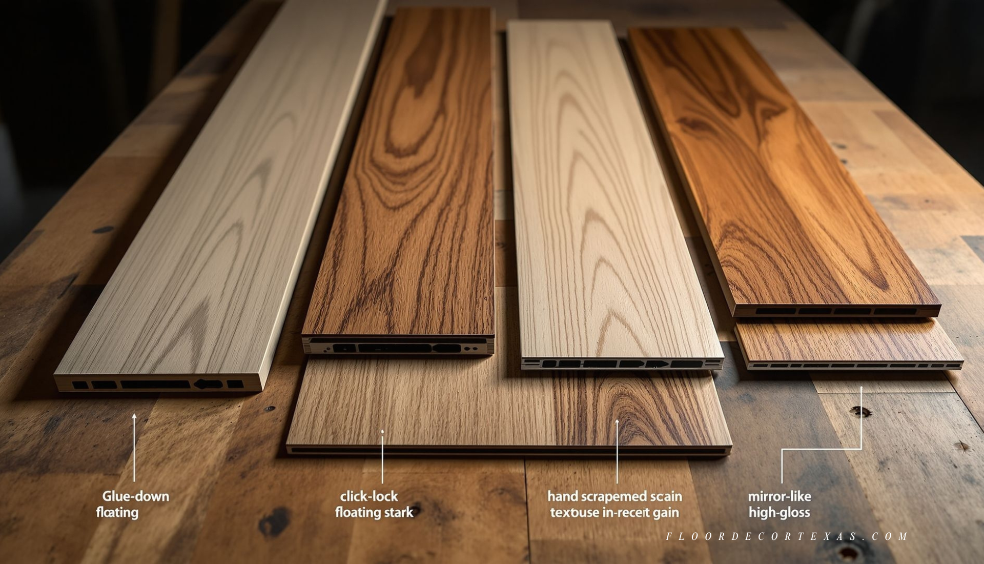 Laminate glue-down, click-lock, pre-glued planks with smooth, textured, and high-gloss finish samples