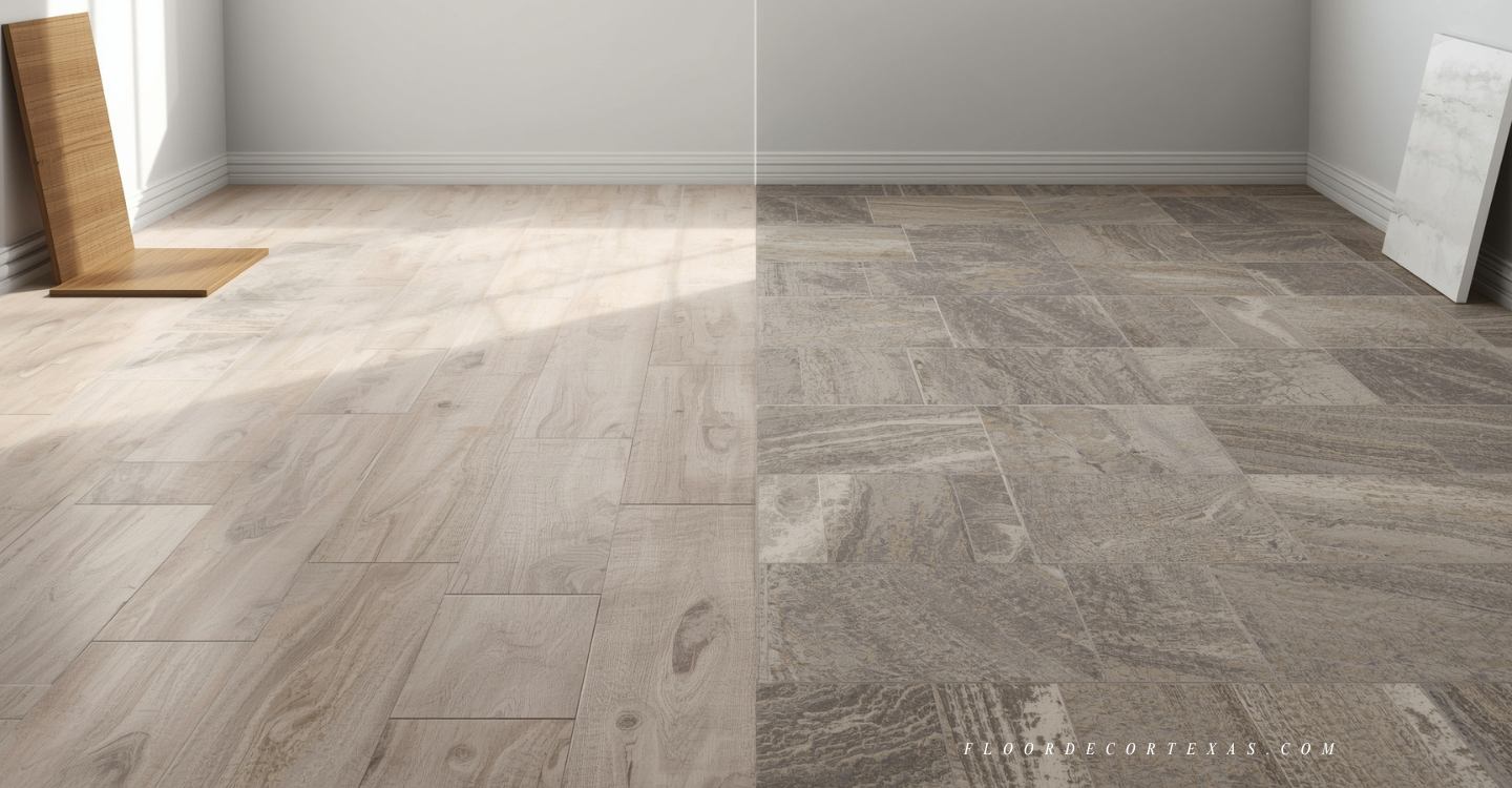 Showroom display of luxury vinyl tile, vinyl sheet, and rigid core flooring mimicking stone finishes