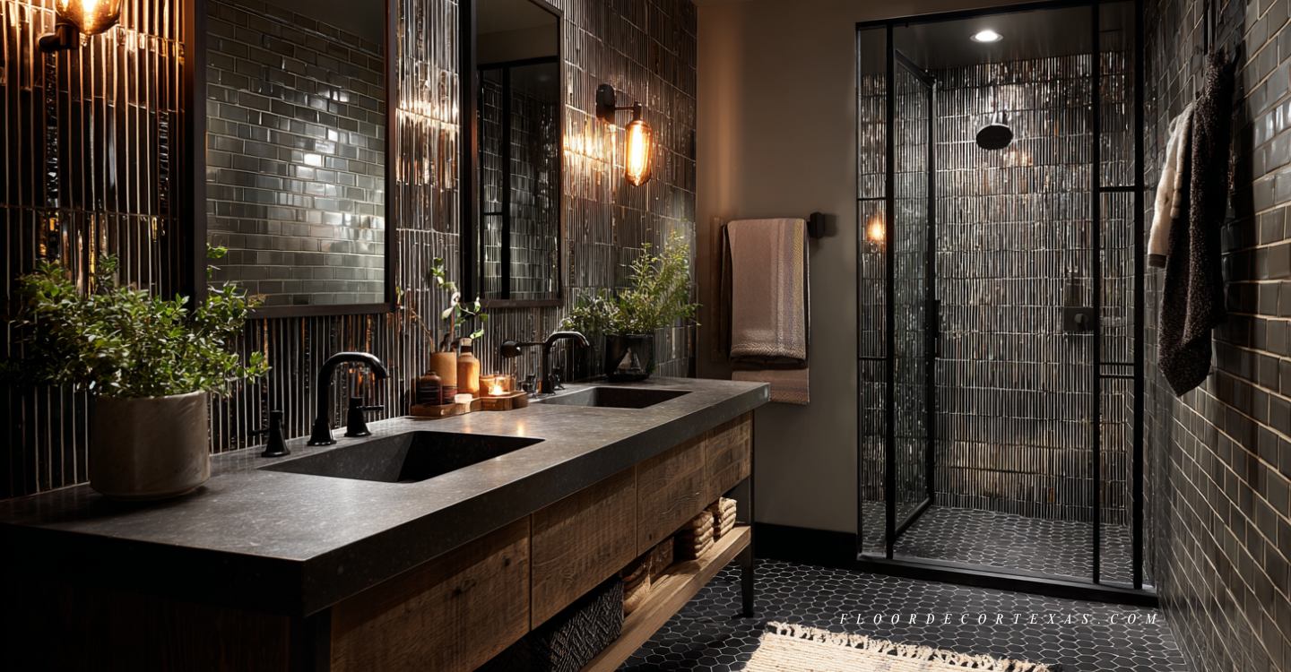 Charcoal hex mosaic floor and glass tile vanity backsplash in a modern loft-style bathroom with gray porcelain shower tiles