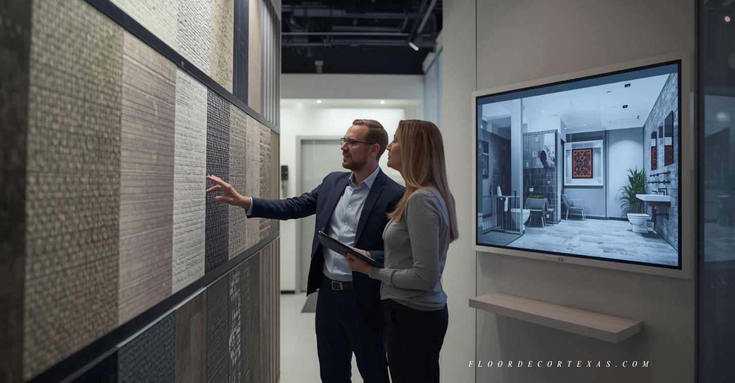 Homeowner and consultant reviewing nonslip bathroom tile samples in a showroom with a bathroom layout on screen