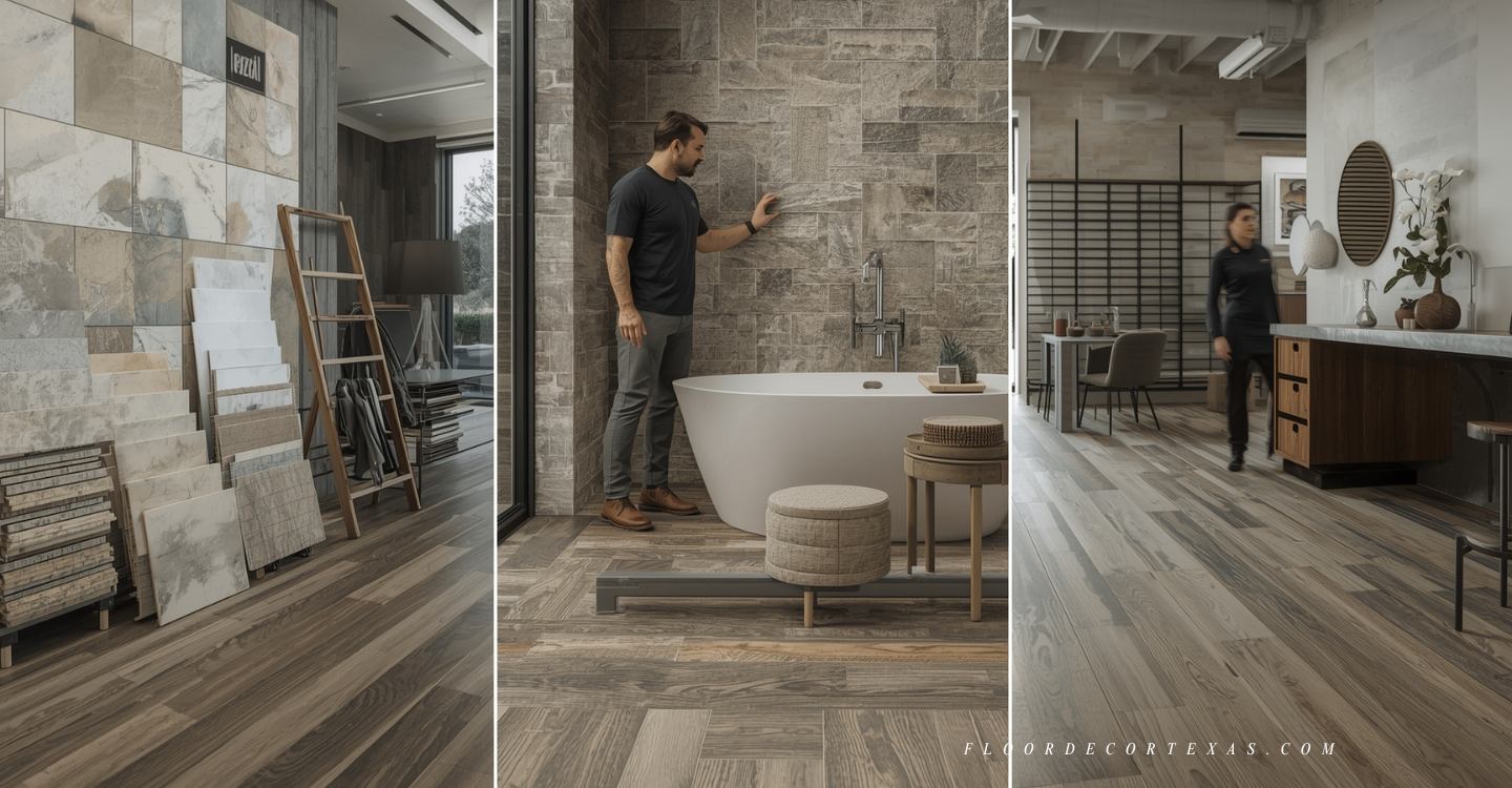 Side-by-side rooms comparing vinyl flooring to real stone tiles in cost and appearance