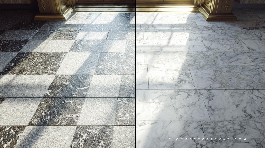 Two interiors highlighting the contrasting beauty of speckled granite and veined marble flooring