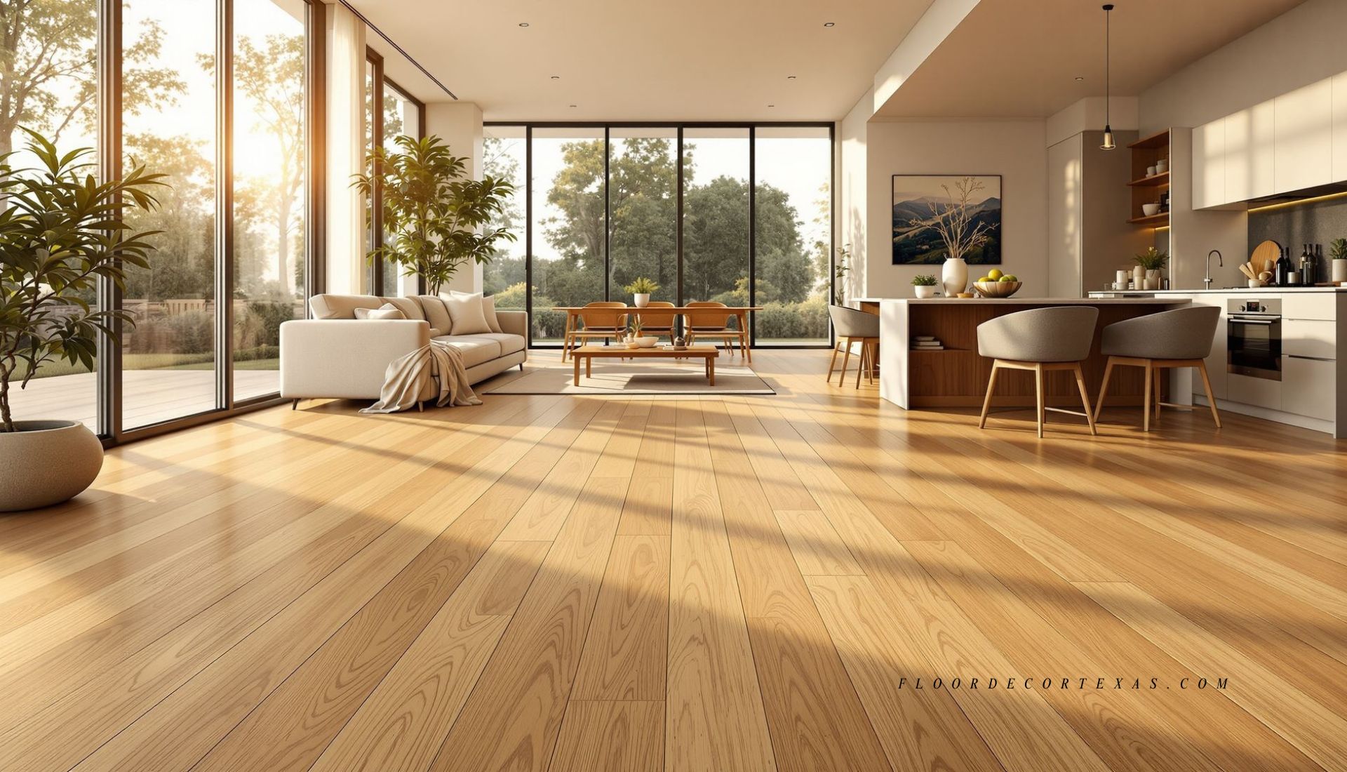 Living room with natural hardwood flooring illuminated by soft sunlight