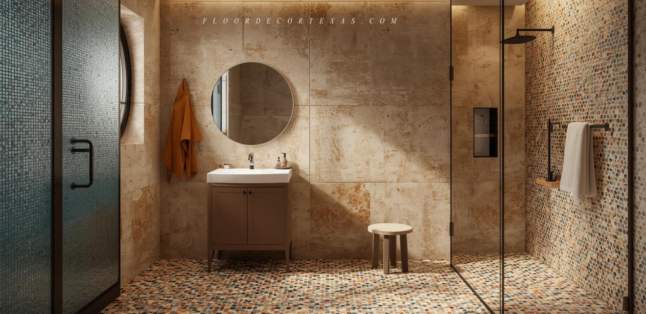 Bathroom designed with safe tile zones for children and seniors including flush shower entry and textured surfaces