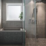 Modern bathroom showing non-slip tile zones for safe daily use, including shower and splash areas