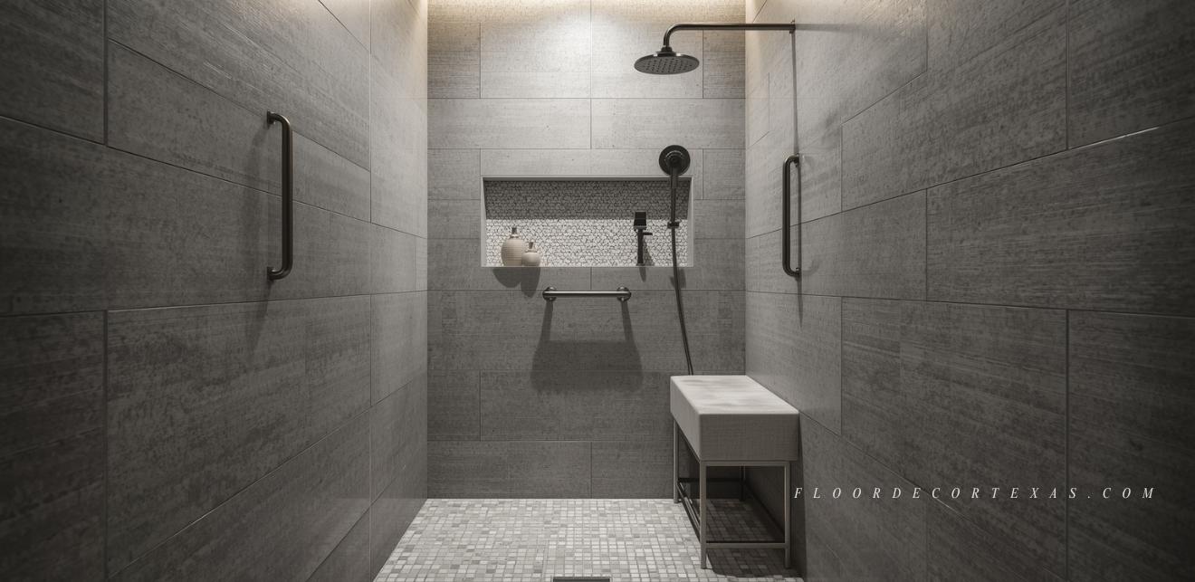 Accessible walk-in shower with flush threshold and non-slip mosaic tile for seniors