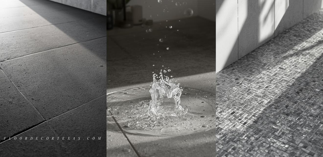 Close-up comparison of textured and mosaic tiles used in different bathroom wet zones