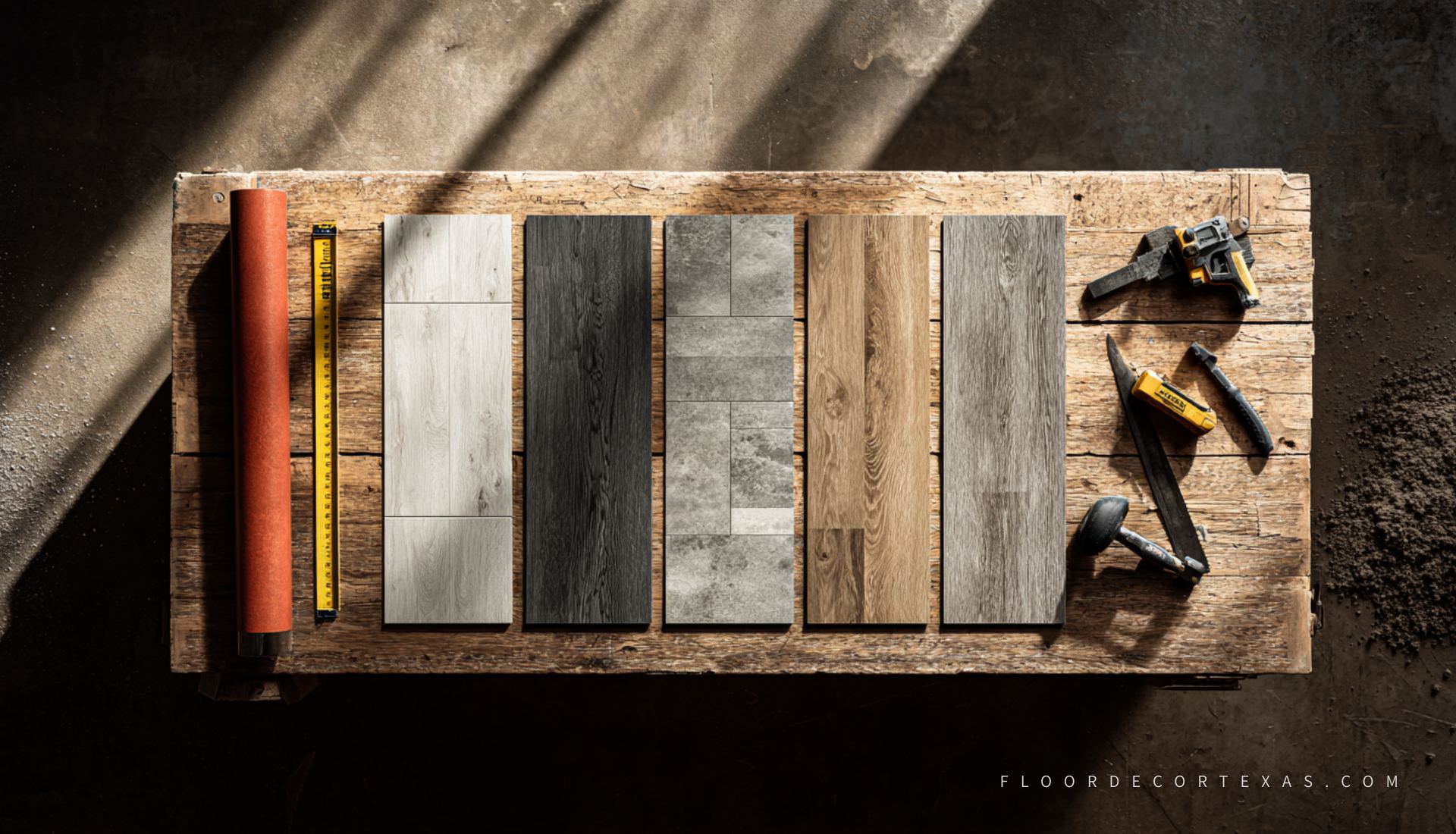 Sheet vinyl, LVT, LVP, and rigid core boards shown side by side on workbench with labels