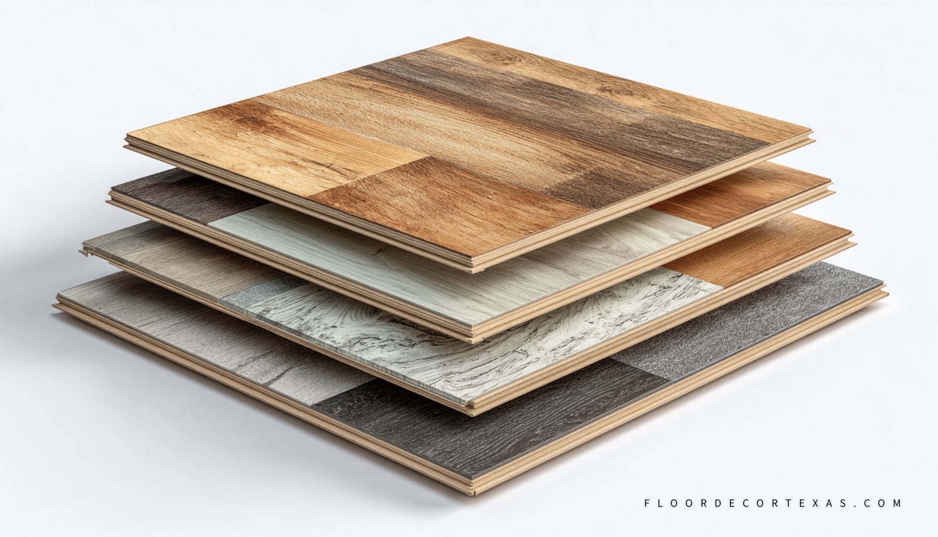 Cutaway view showing layers of a vinyl plank including wear layer, core, and printed image layer