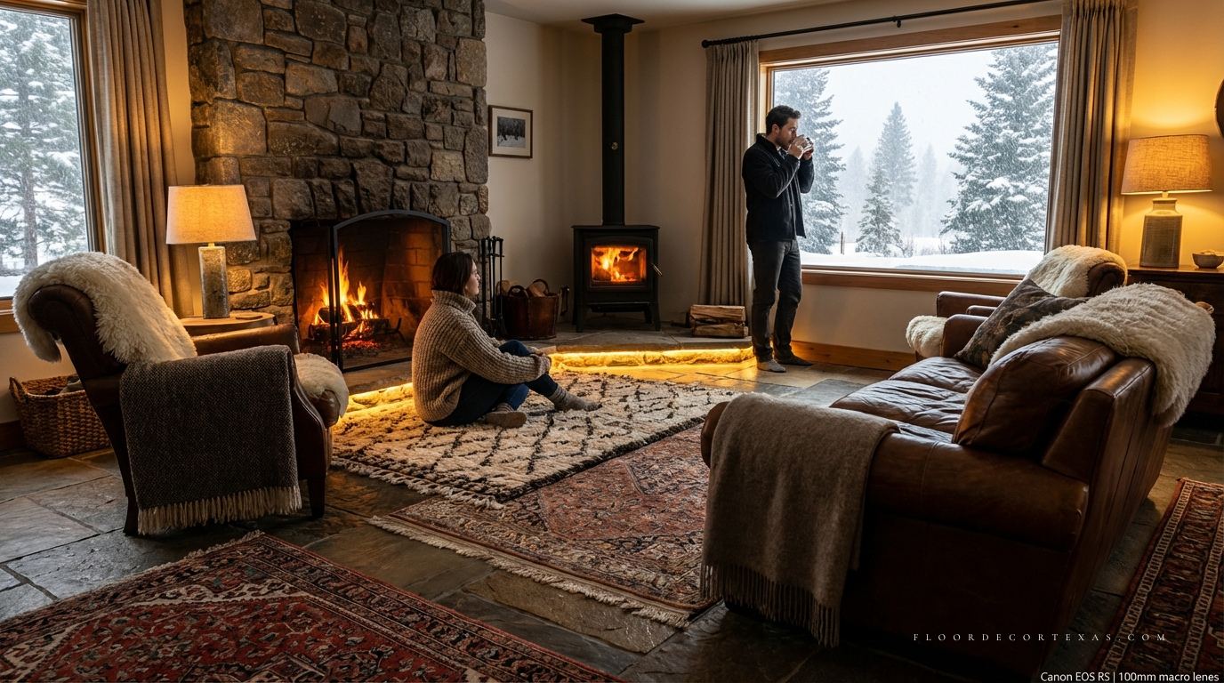 Happy homeowners enjoying warm stone floors
