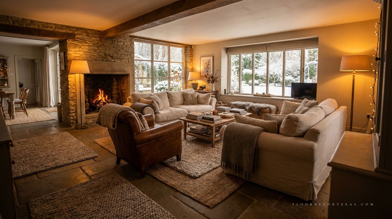 Layered rugs and cozy styling over stone flooring