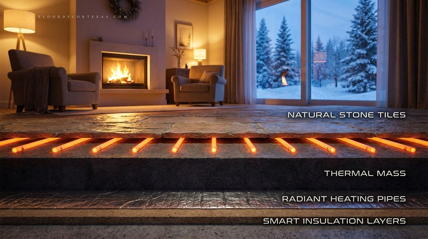 Radiant heating installed beneath stone floors