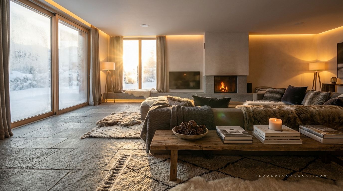 Warm stone floors in a cozy winter living room