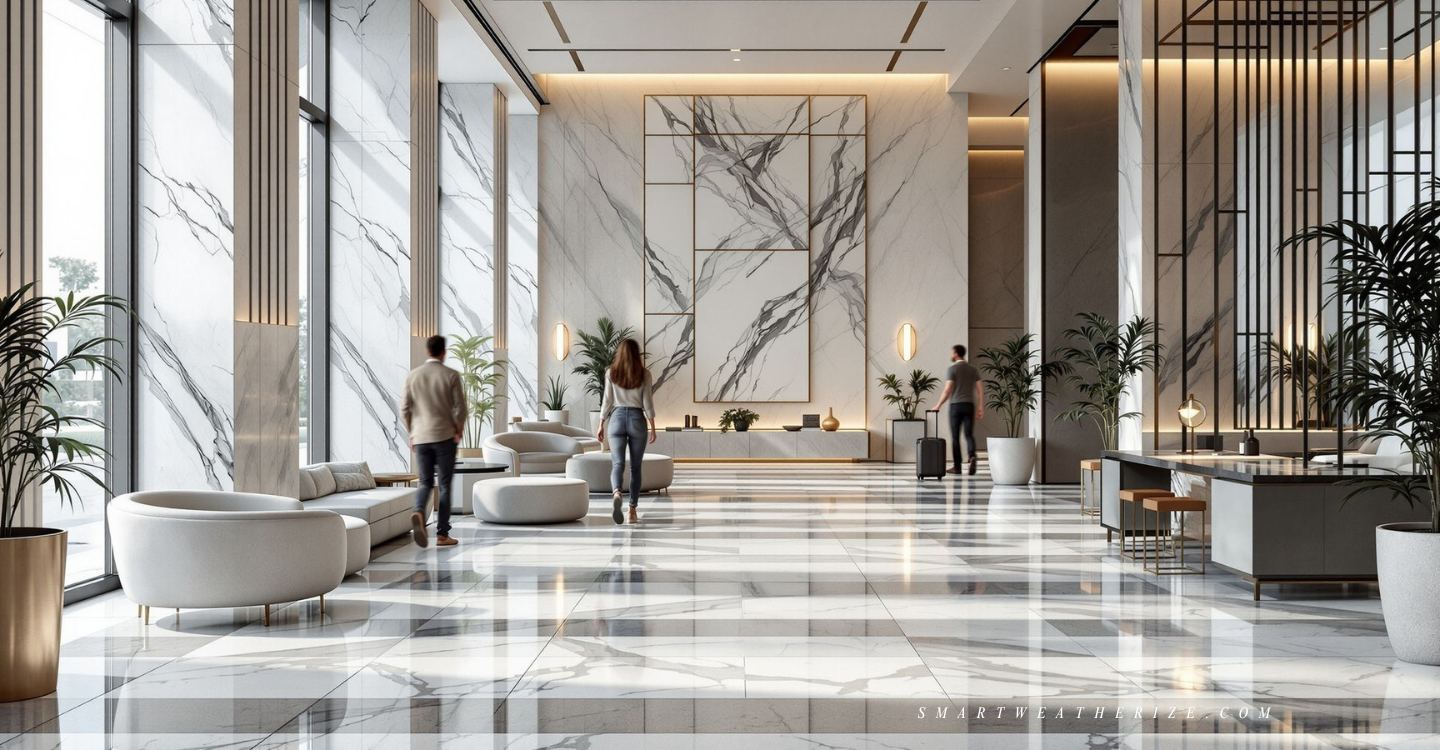 Checkered marble floors with a honed finish in an elegant lobby