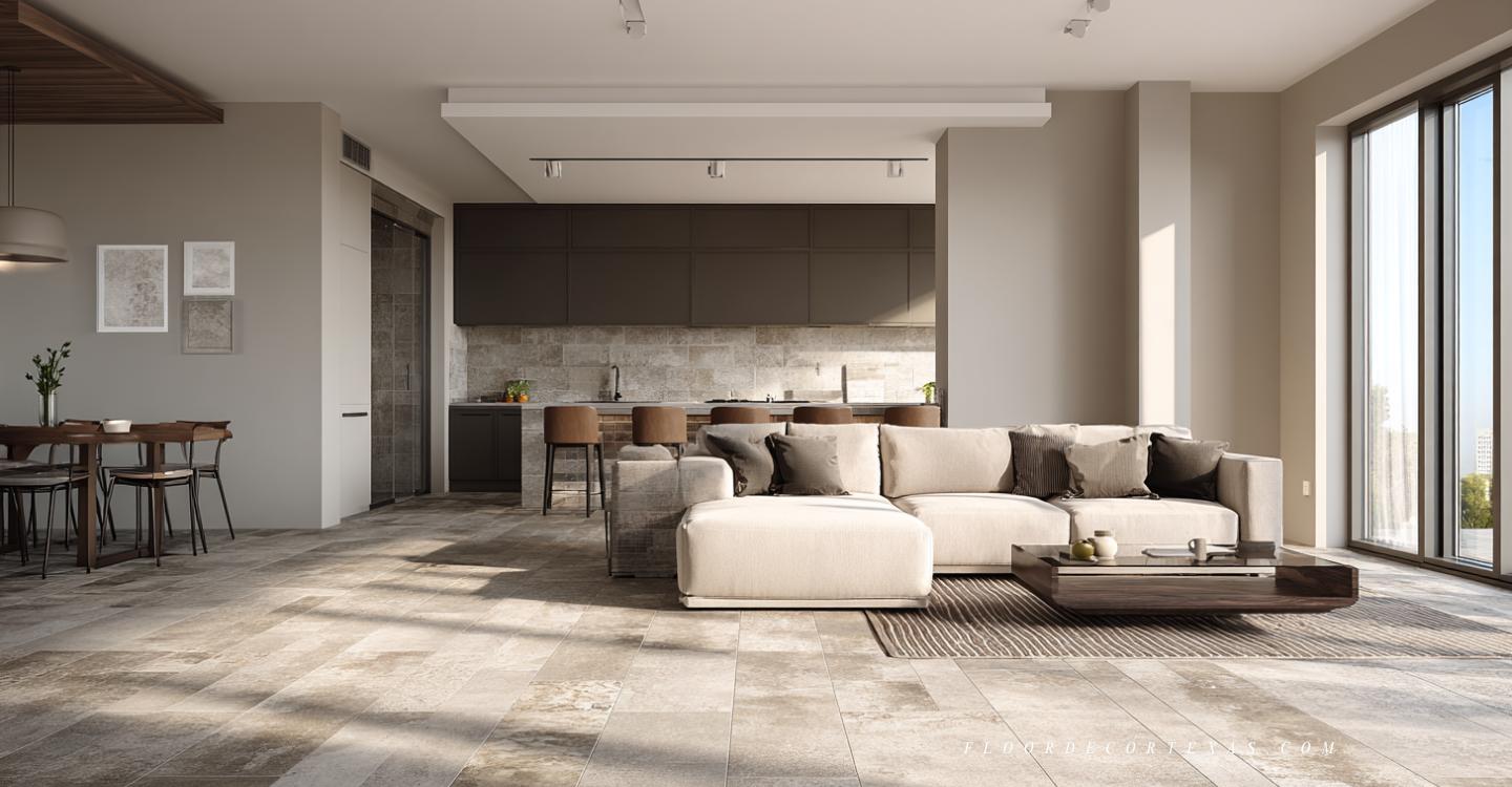 Porcelain budget-friendly floor tile ideas for a Texas living room and kitchen