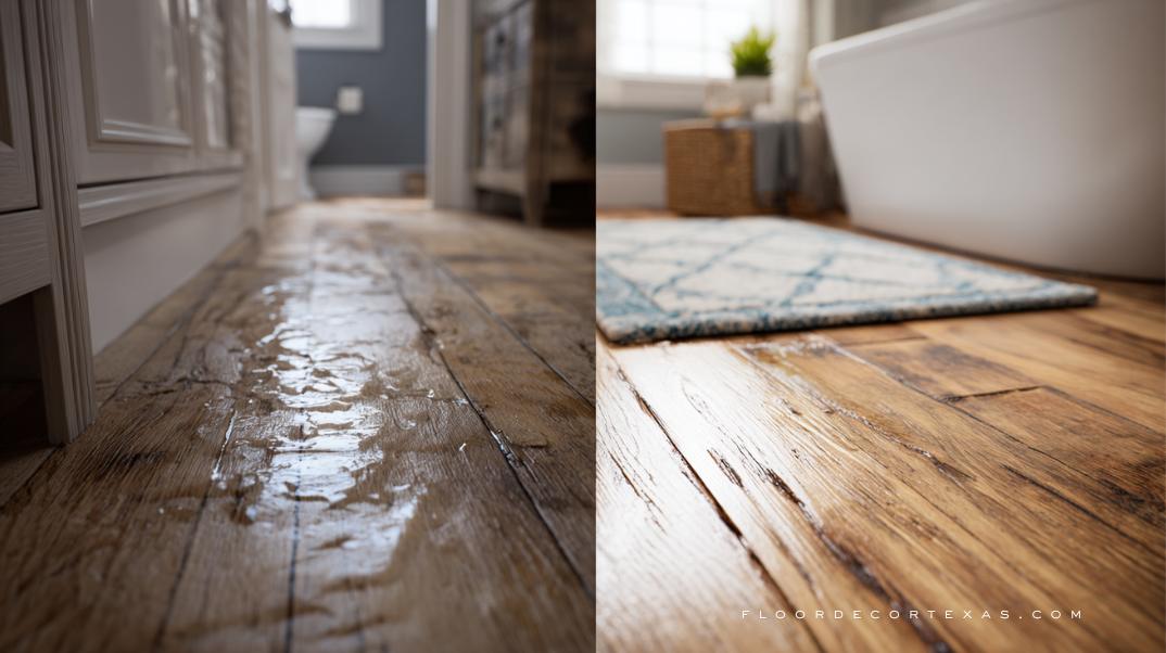 Comparison of water-damaged laminate floor and waterproof laminate in a bathroom