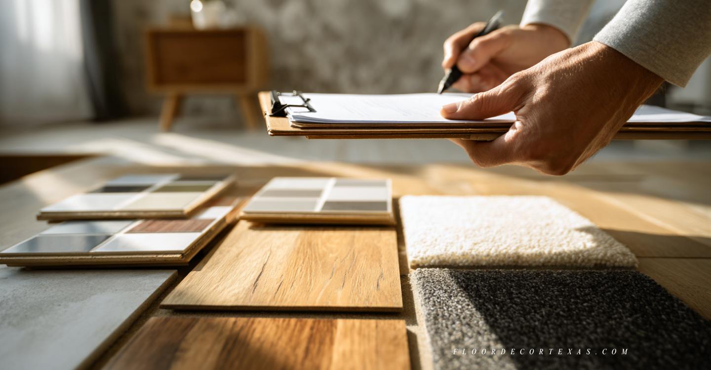 Hands comparing flooring samples for a home project