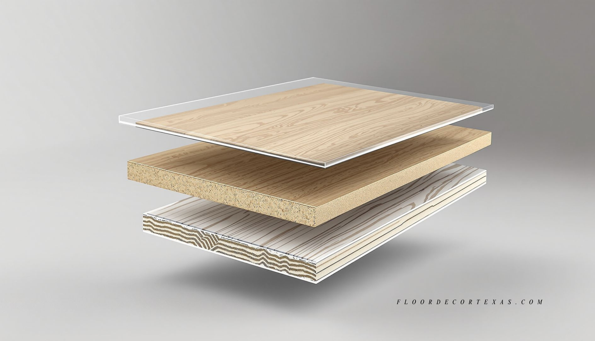 Exploded view of laminate flooring layers including core, image layer, and protective topcoat