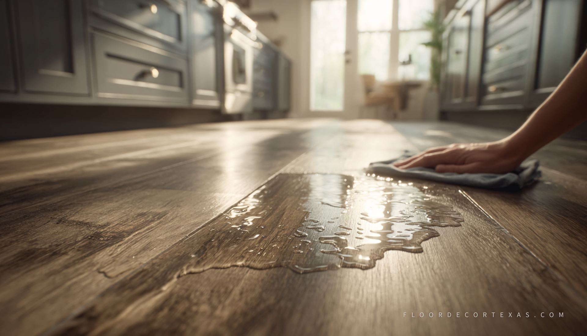 Person wiping water spill off vinyl plank flooring in kitchen without damage.