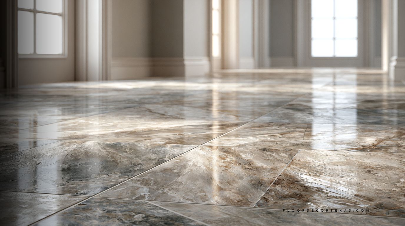 Light reflecting across a polished tile floor