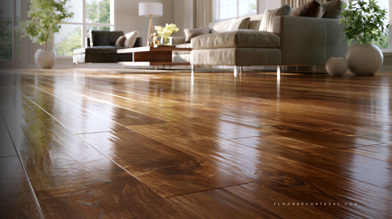 Sunlit living room with warm wood flooring